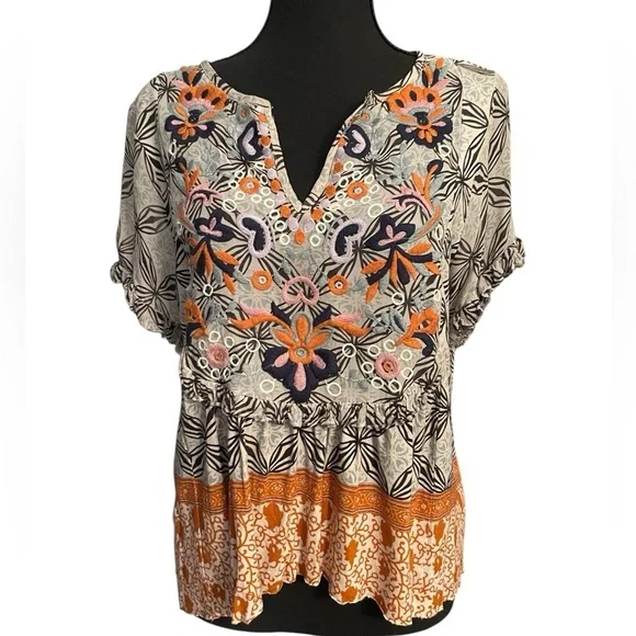 Anthropologie Terri Embroidered Floral Top Small Boho Cottagecore Short Sleeve - Picture 4 of 7
